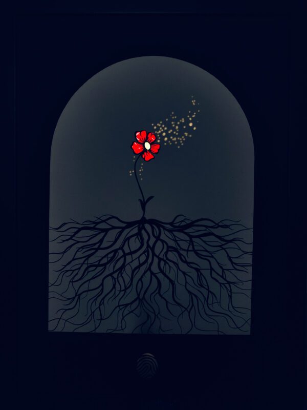 a drawing of a flower with roots shadow box, shadow box frame, big shadow box