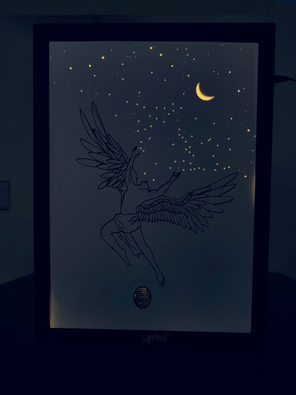 Celestial Flight | Man with Wings Soaring in Starry Sky & Glowing Half Moon | 3D LightBox Art