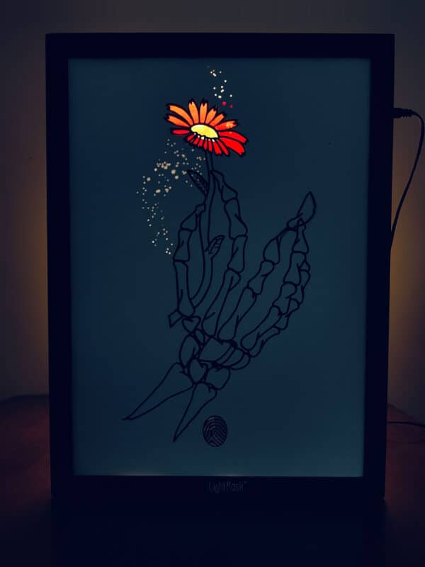 a drawing of a flower on a white shadow box, shadow box frame, big shadow box