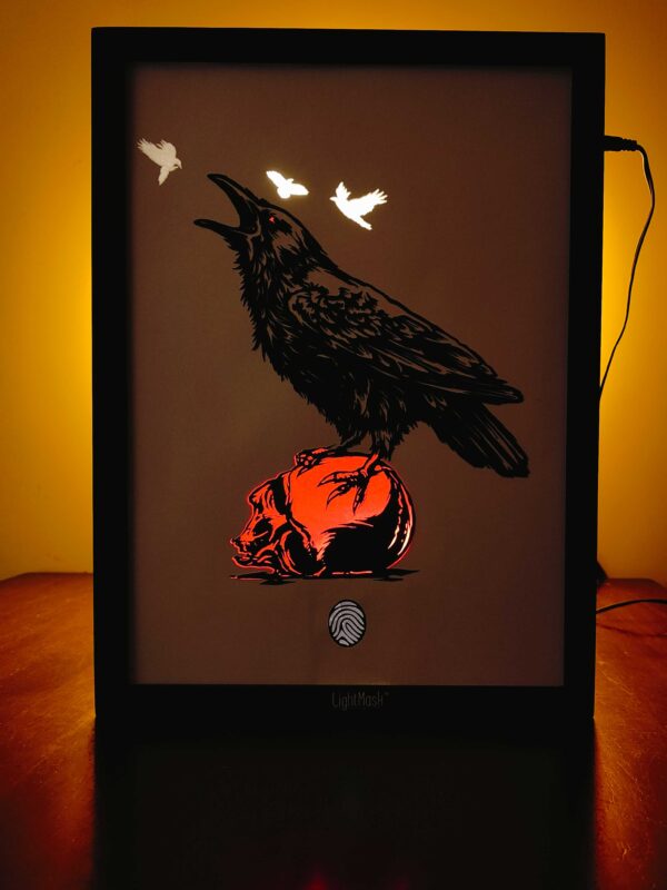 Crow on Scalp Shadow Box Frame: Illuminated Wall Art with Flying Birds and 3D Depth