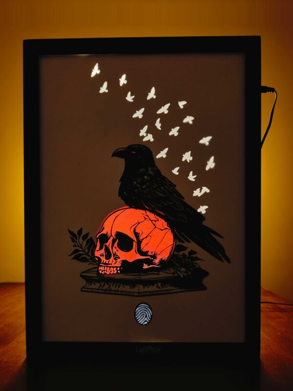 Crow on Scalp Shadow Box Frame: Illuminated Wall Art with Flying Birds and 3D Depth