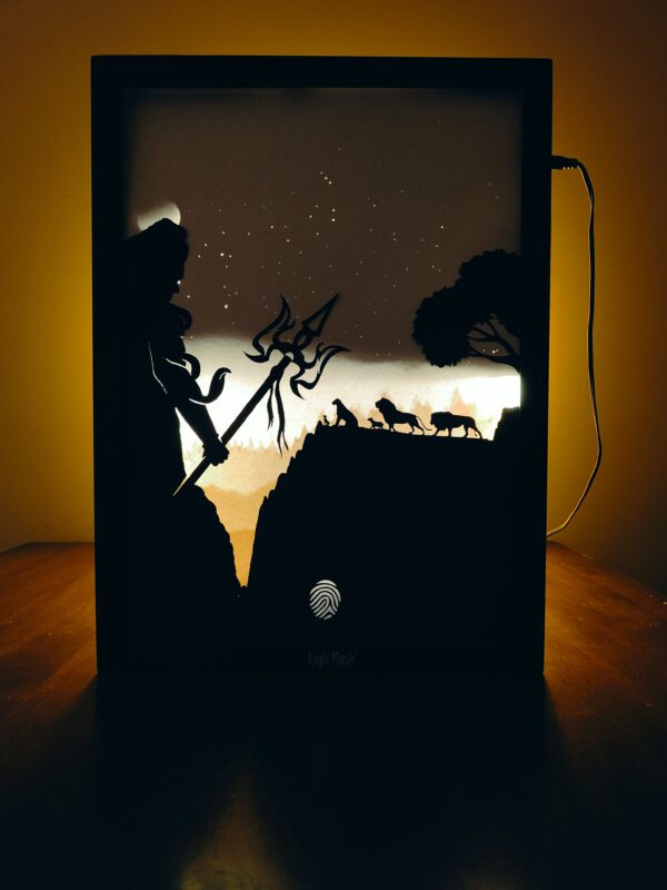 Lord Shiva Shadow Box Frames: Illuminated 3D Artwork with Mountain and Lion Family