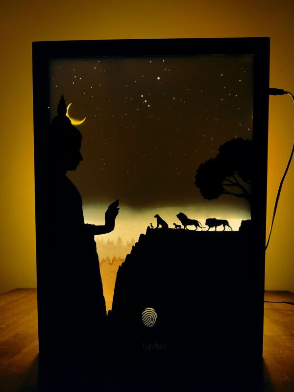 Buddha Shadow Box Frames: Illuminated 3D Artwork with Mountain and Lion Family