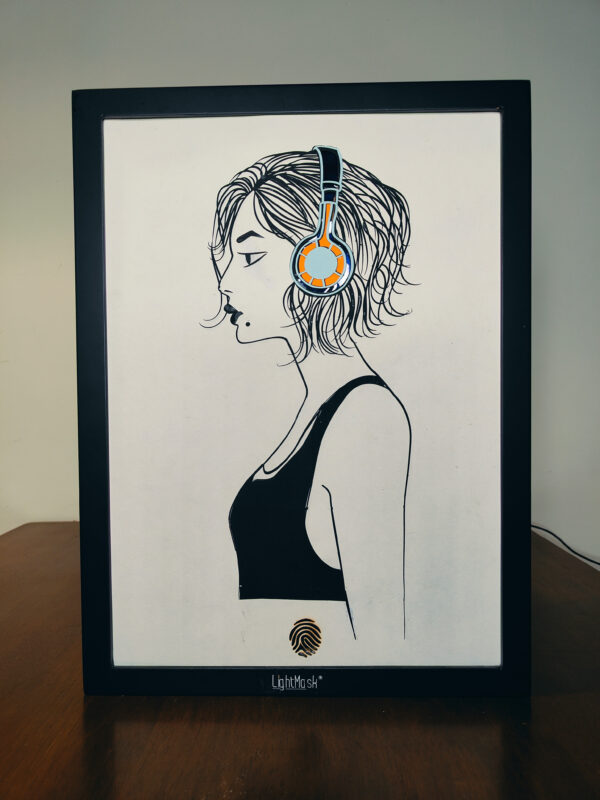 Empowered Elegance: Woman Listening to Music Shadow Box Frame