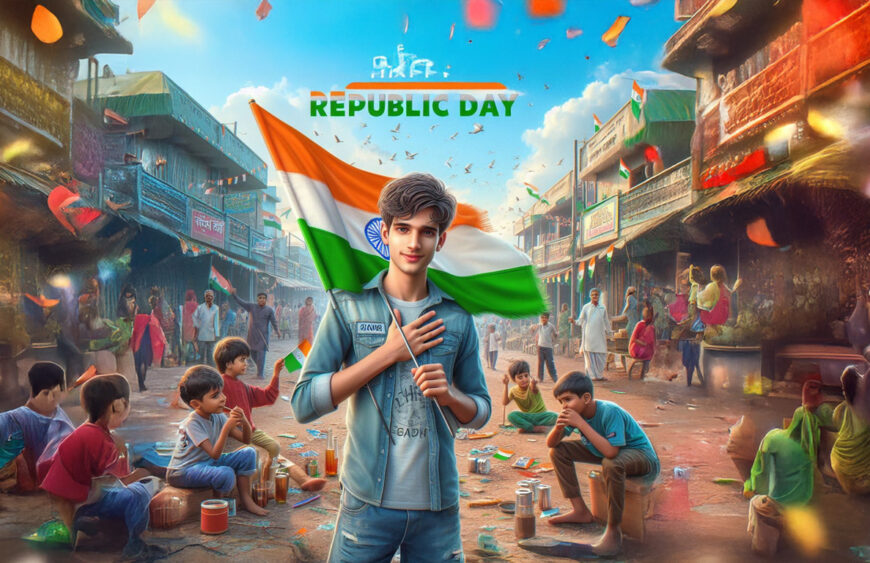 a man holding a flag in a street